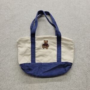 Teddy Bear Embroidered Canvas Tote Bag Cream Navy Blue Preppy Shoulder Bag
